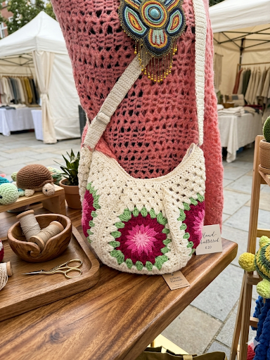 Handmade Crochet Cross Body Green with pink Flower Bag with Adjustable Strap – Stylish & Practical