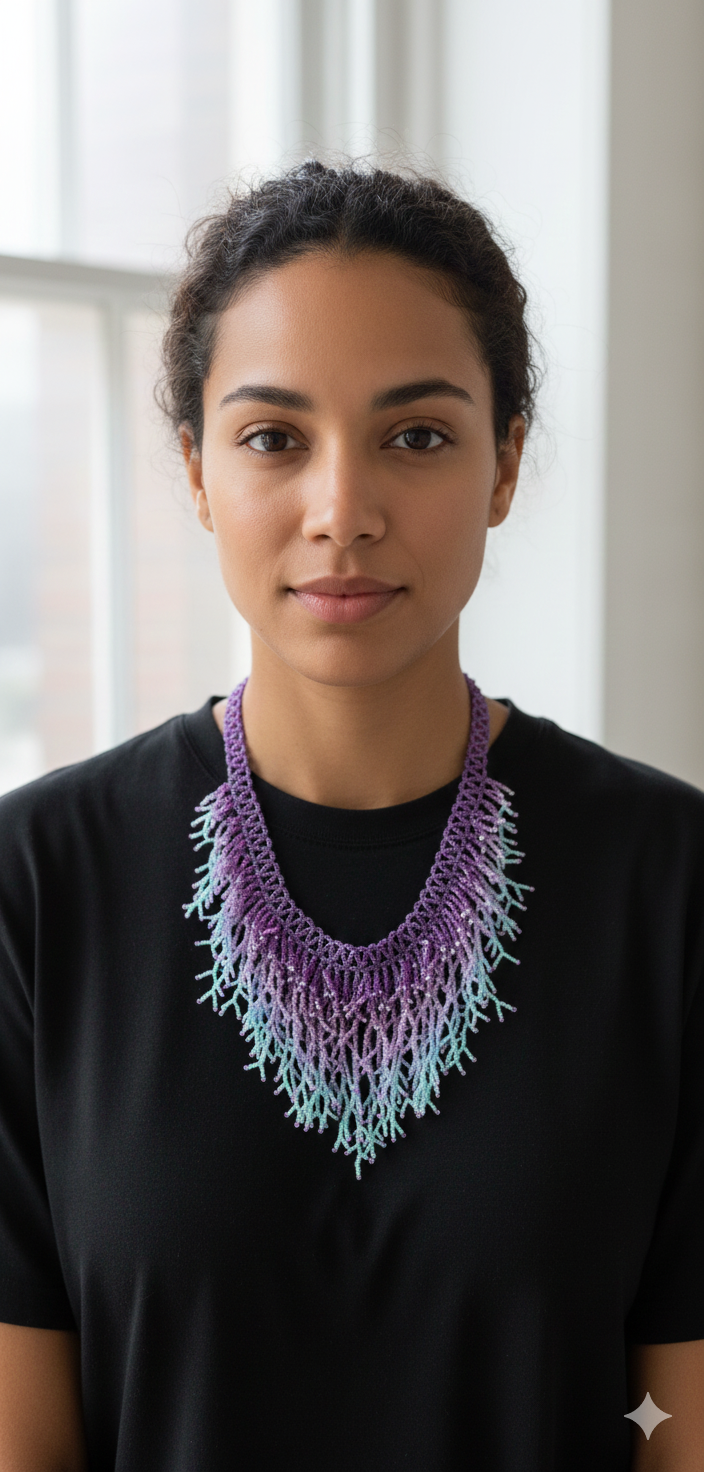 Silver & Purple Seaweed Necklace – Handmade Ocean-Inspired Beaded Statement Jewelry