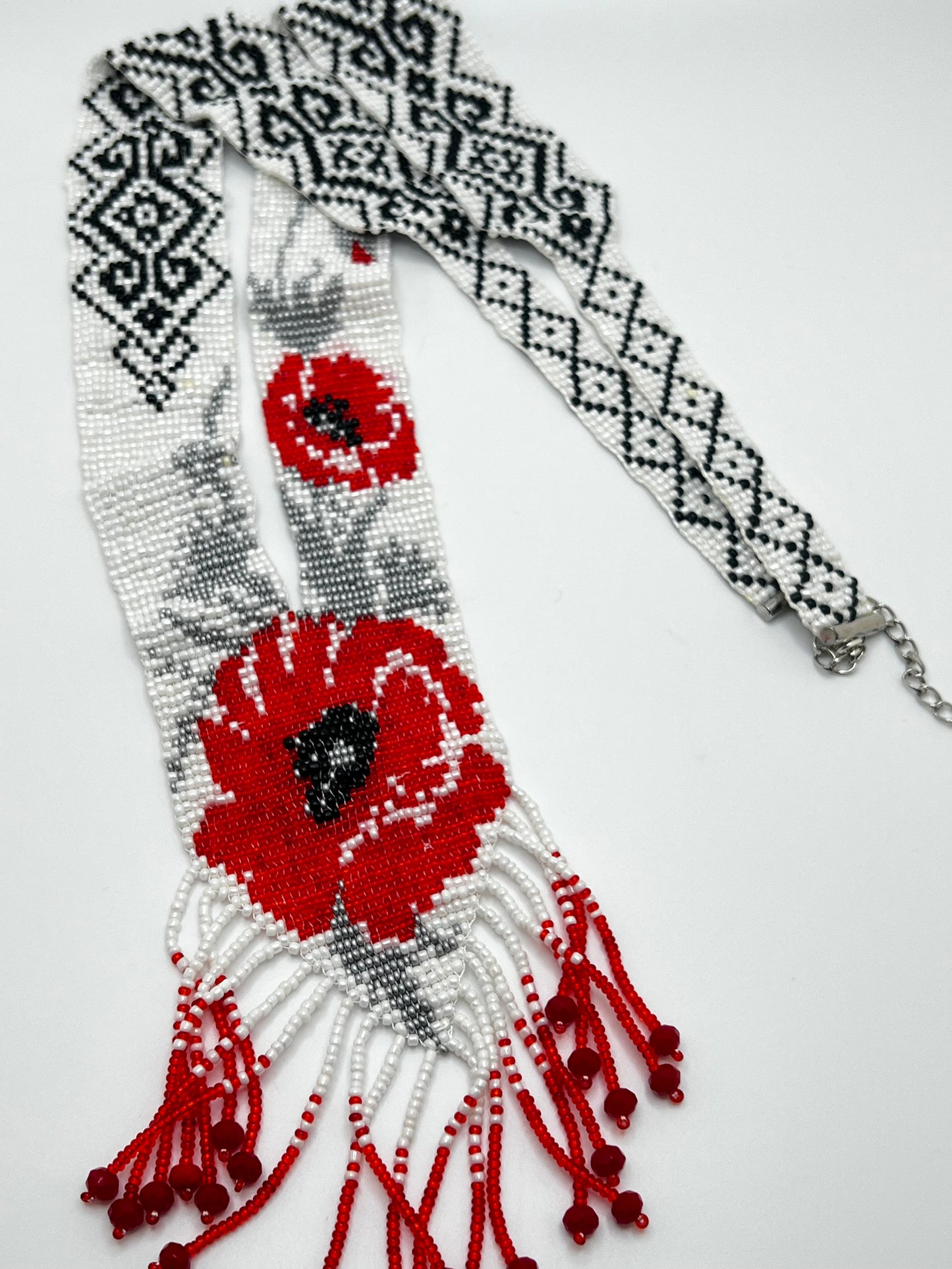 Red with Silver Floral Loom‑Beaded Necklace – Handwoven Glass Seed‑Bead Statement Piece