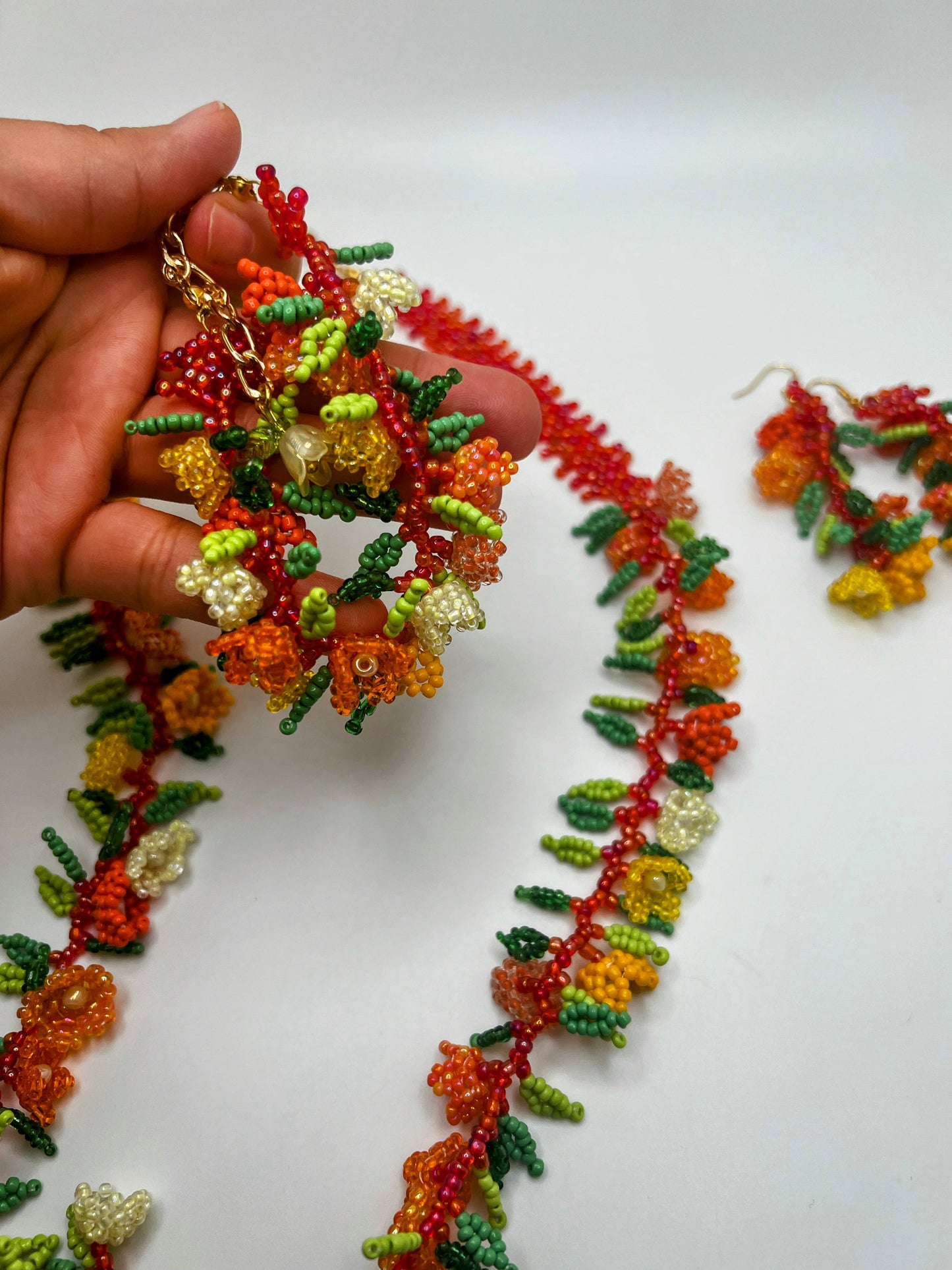 Exquisite Hand-Beaded Orange Floral Garland Jewelry Set - Necklace, Bracelet & Earrings