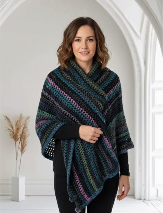 Twilight Haze Wool Crochet Shawl – Handmade Rectangle Wrap in Muted Tones