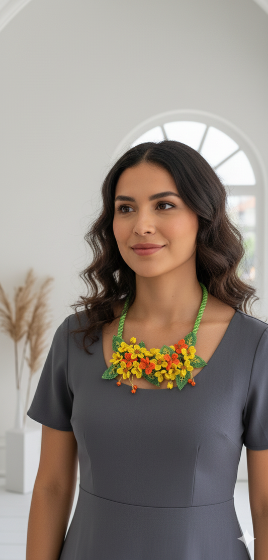 Handmade orange Beaded Necklace with 3D Floral Garden Design