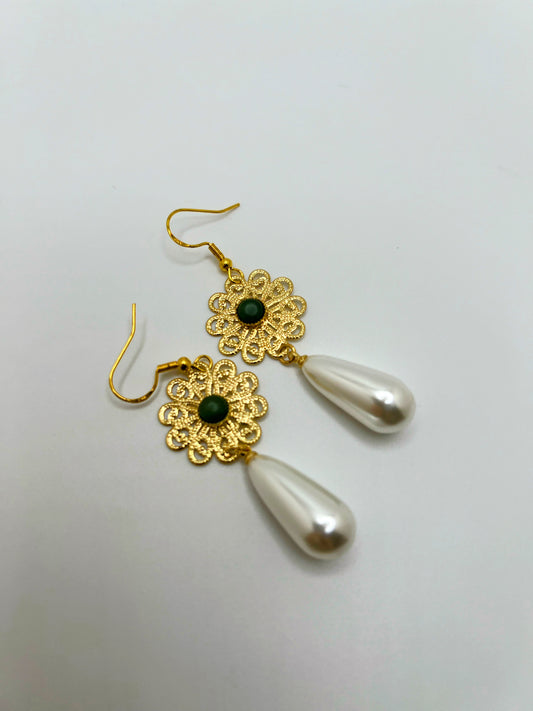 Gold Flower With White Pearl Earrings