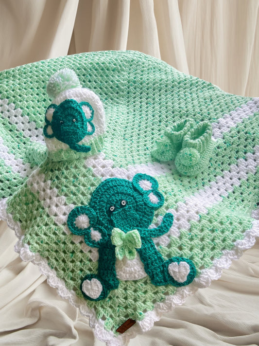 Soft Green Baby Blanket with Adorable Elephant Design