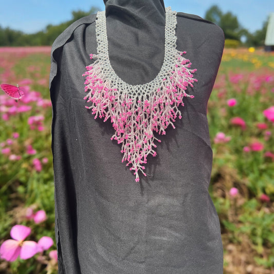White & Pink Handmade Seaweed Design Dangling beaded necklace-Boho necklace-Beach jewelry-Statement necklace-Ocean-inspired necklace