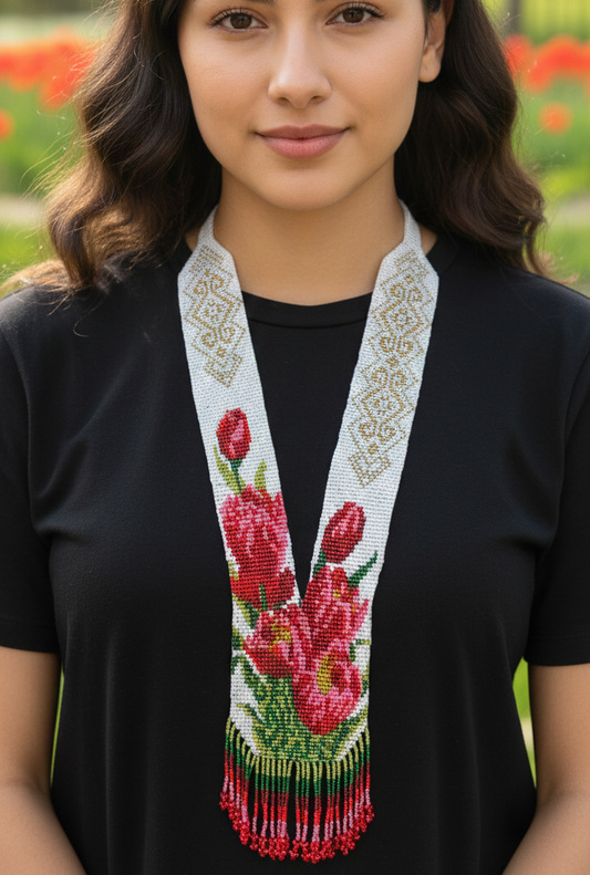 Red & Teal Beaded Flower Necklace – 2 Floral Design Options