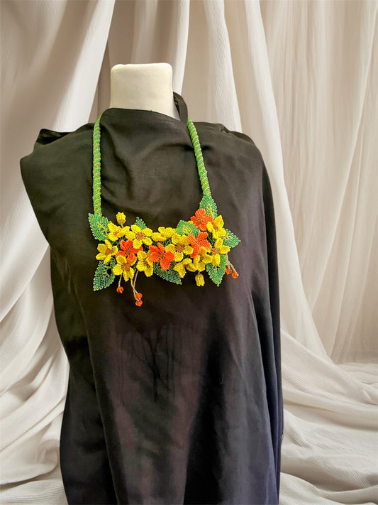 Handmade Yellow Necklace with A Garden of 3D Flowers, Beaded and Loved