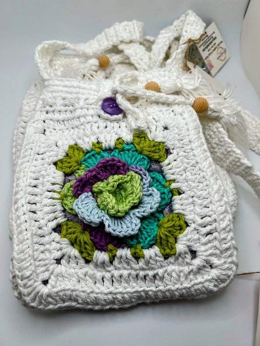 Handmade Crochet Bag with Purple Flower – Cute Accessory for Girls & Teens