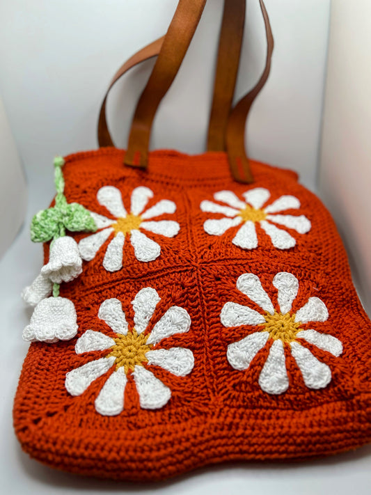 Handmade Crochet Daisy Flower Big Shoulder Orange Bag – Spacious & Stylish