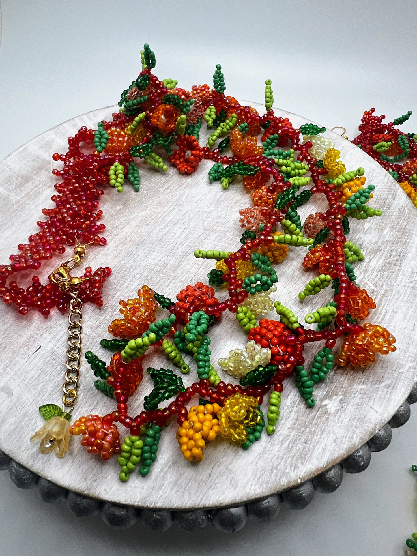 Exquisite Hand-Beaded Orange Floral Garland Jewelry Set - Necklace, Bracelet & Earrings