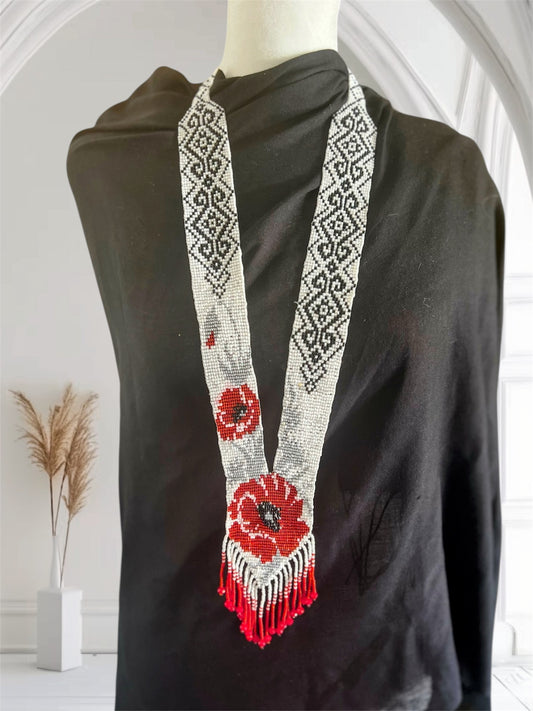 Red with Silver Floral Loom‑Beaded Necklace – Handwoven Glass Seed‑Bead Statement Piece