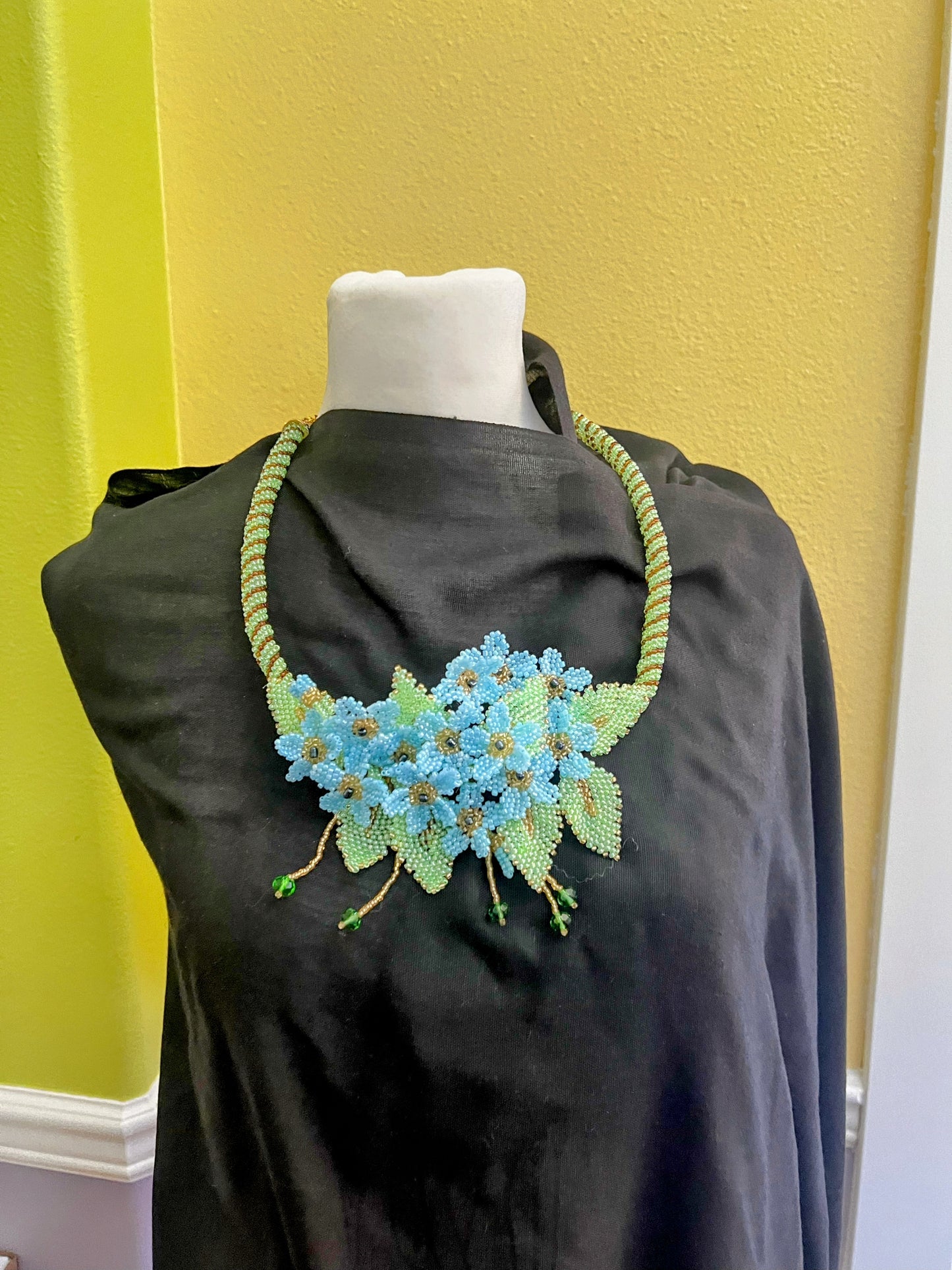 Handmade Blue Necklace with A Garden of 3D Flowers, Beaded and Loved