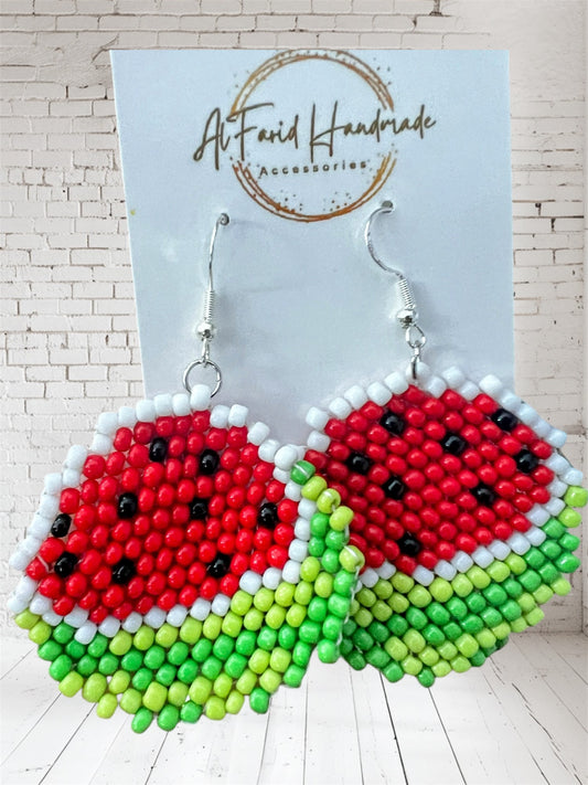 Beaded Watermelon Slice Earrings – Handmade Summer Fruit Statement Jewelry