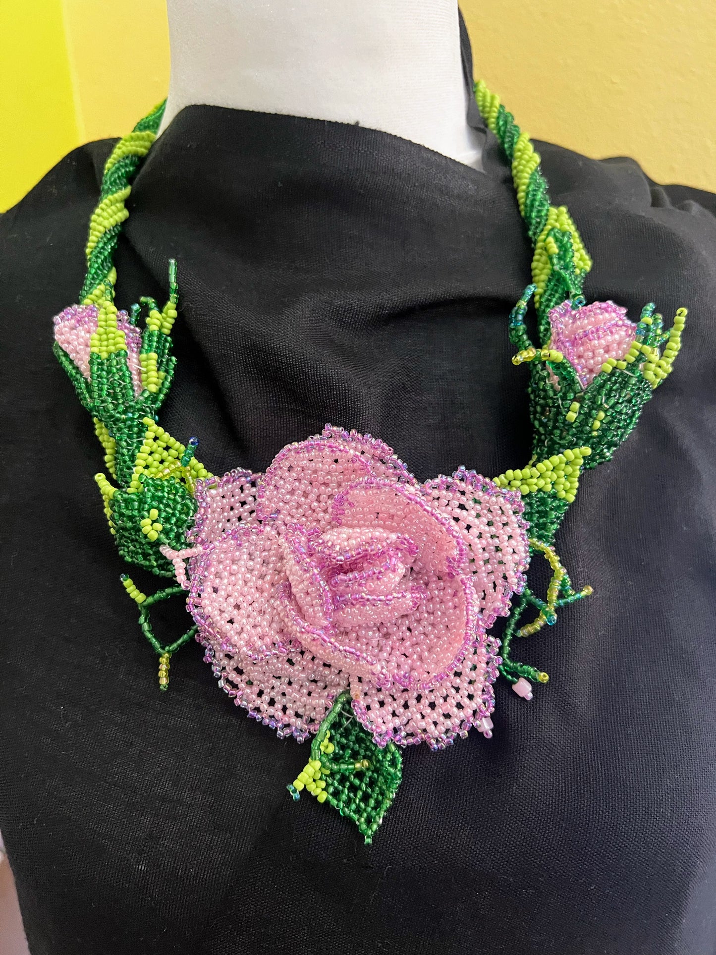 Handmade Beaded Rose Floral Masterpiece with Green Leaves- Unique, Elegant, and Affordable