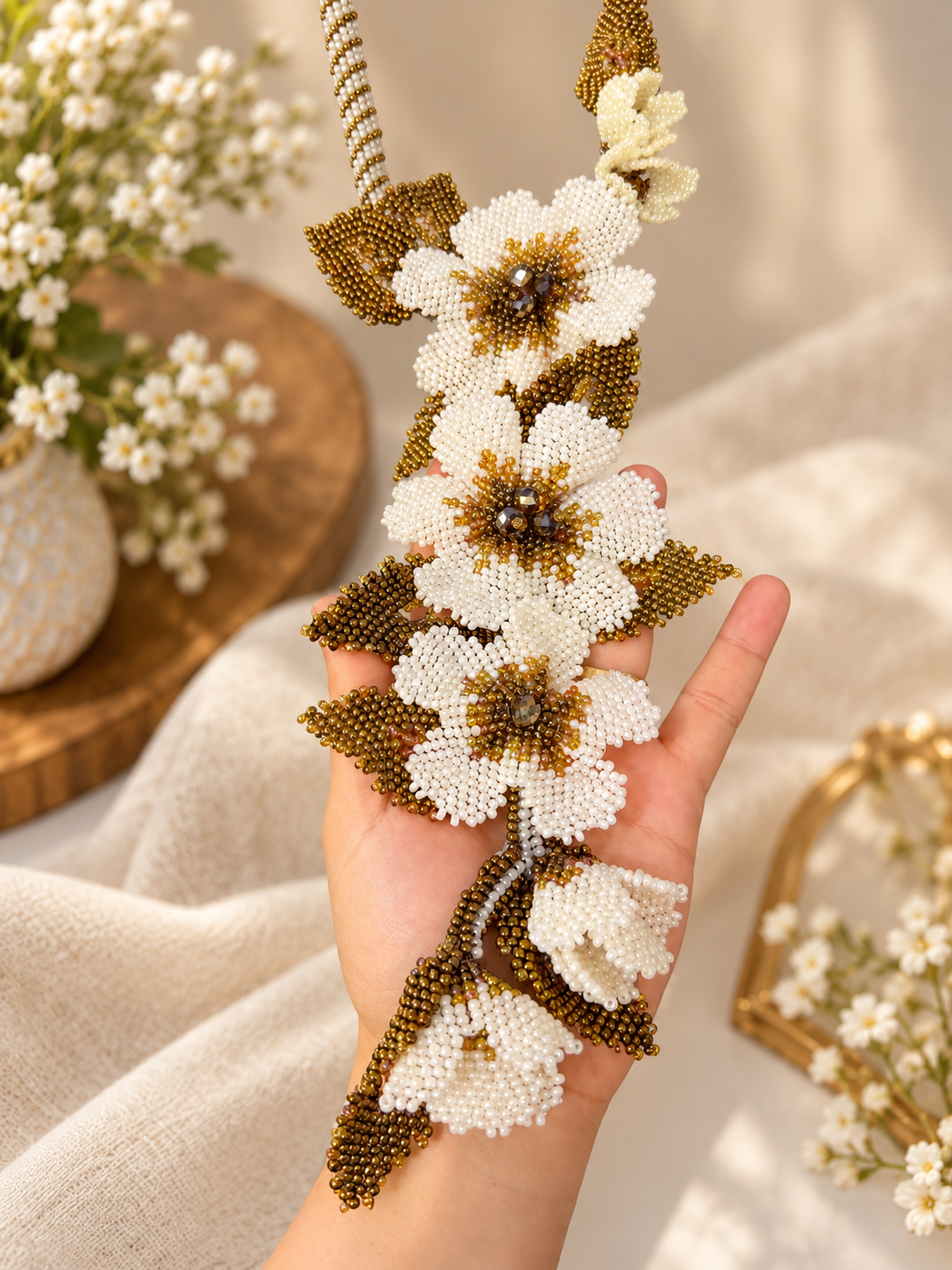 Handmade Beaded Floral Statement Necklace – Ivory & Antique Gold