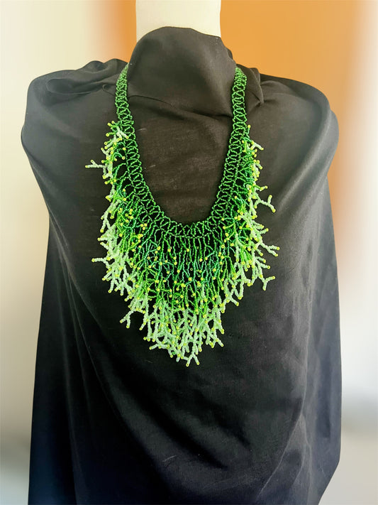 Green Seaweed Necklace β Handmade Ocean-Inspired Beaded Statement Jewelry