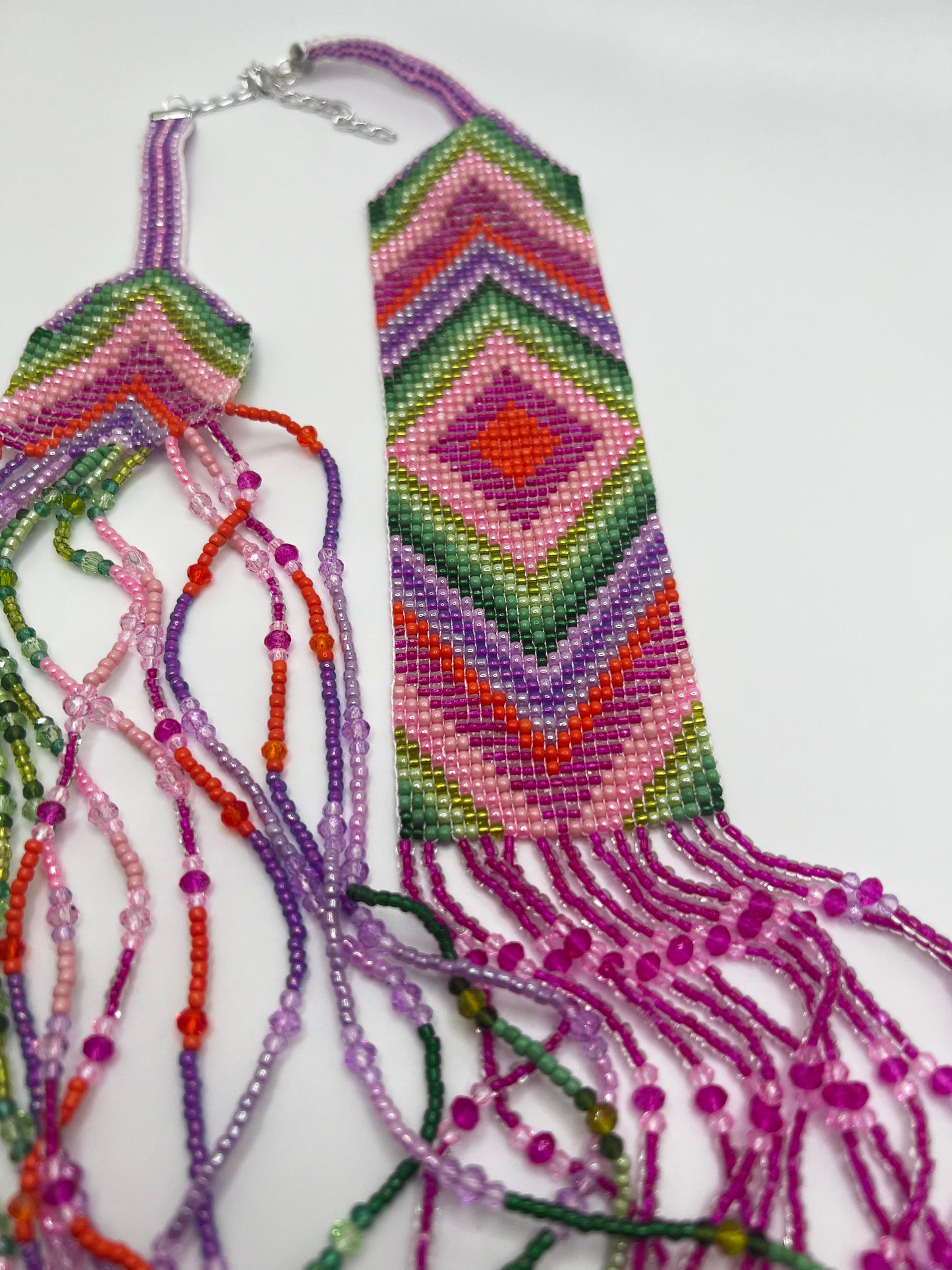 Handmade Colorful Purple, pink & Orange Geometric Loom Beaded Necklaces – Bold Artisan Jewelry