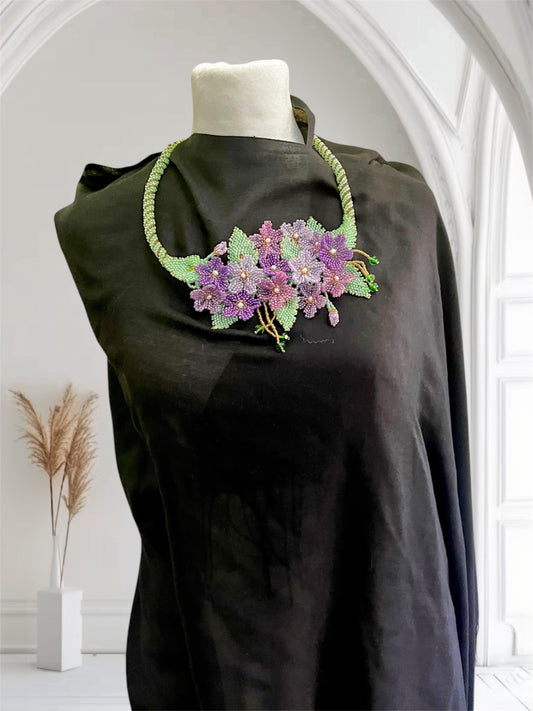 Handmade Violet Necklace with A Garden of 3D Flowers, Beaded and Loved