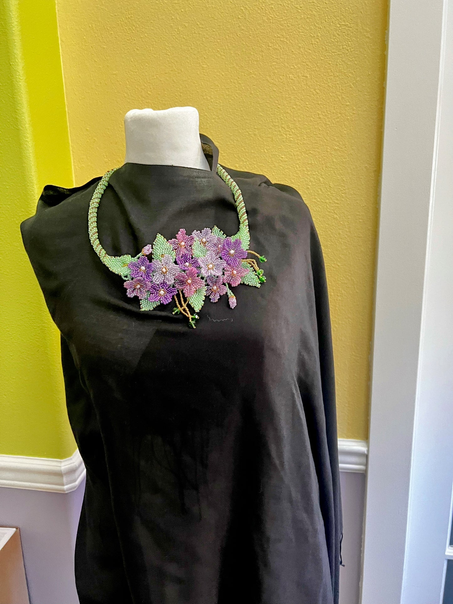 Handmade Violet Necklace with A Garden of 3D Flowers, Beaded and Loved