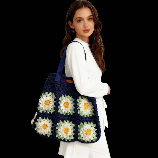 Handmade Crochet Daisy Flower With Blue - Big Shoulder Bag – Spacious & Stylish