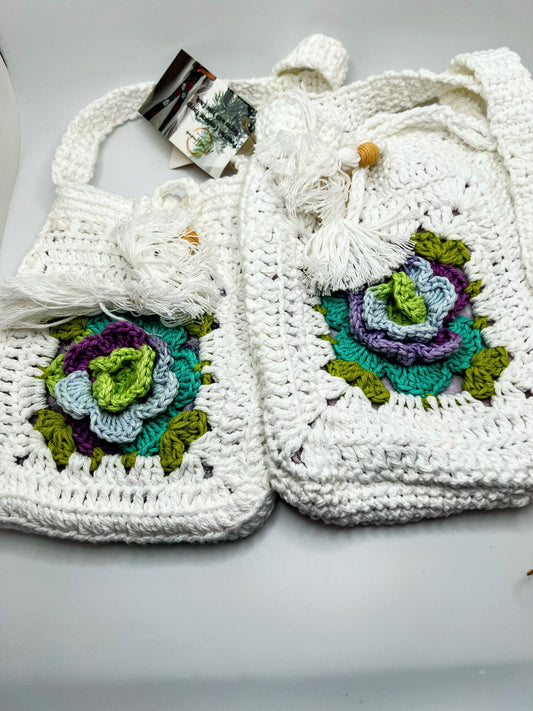 Crochet Bag With putple Flower- For Girls & Teens (2 Sizes)