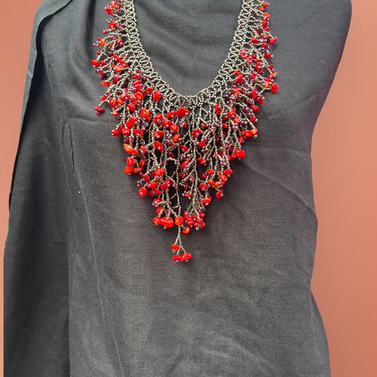 Red Dangling Beaded with Natural Stones Necklace