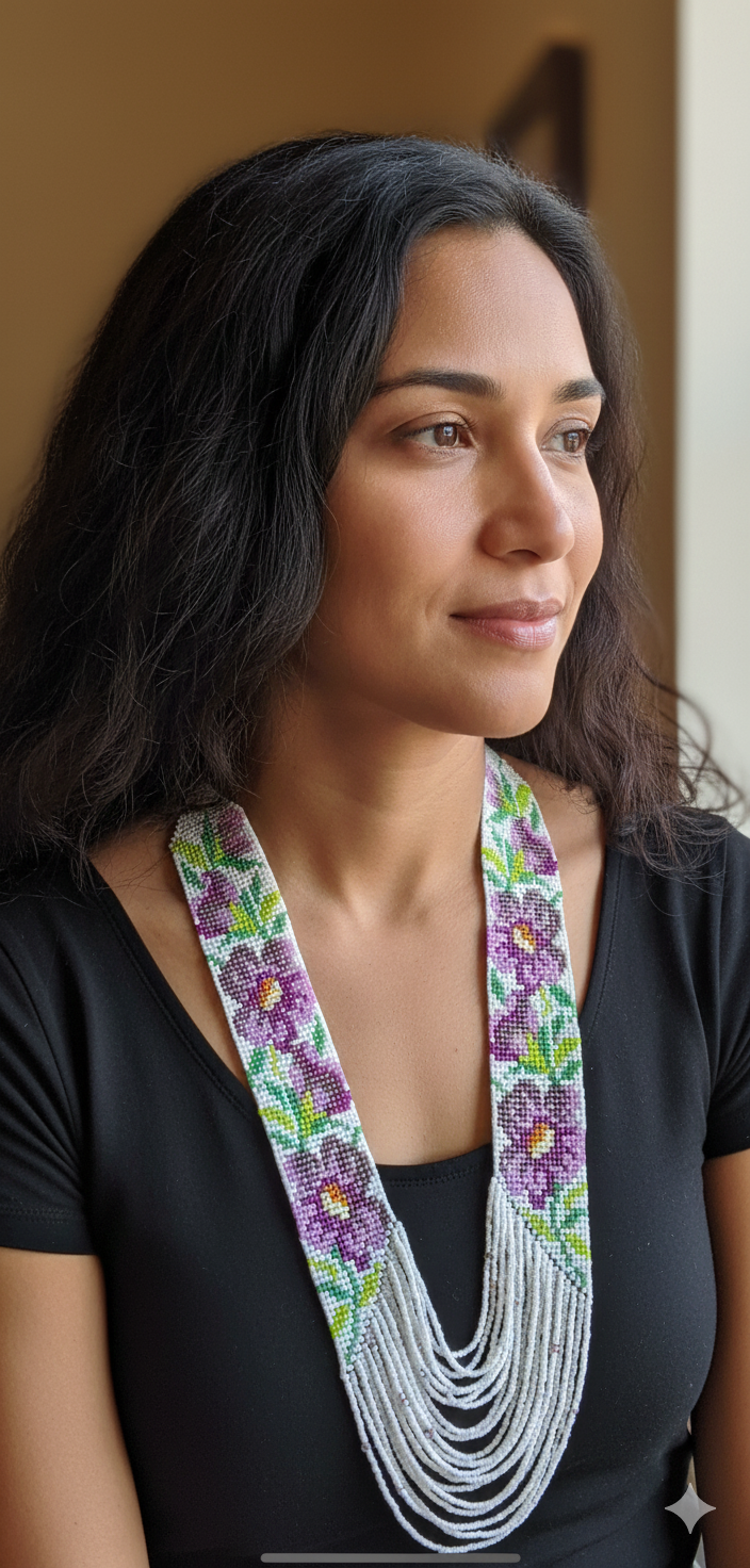 Purple Floral Beaded Necklace – Handmade Loom Necklace with Green Leaves