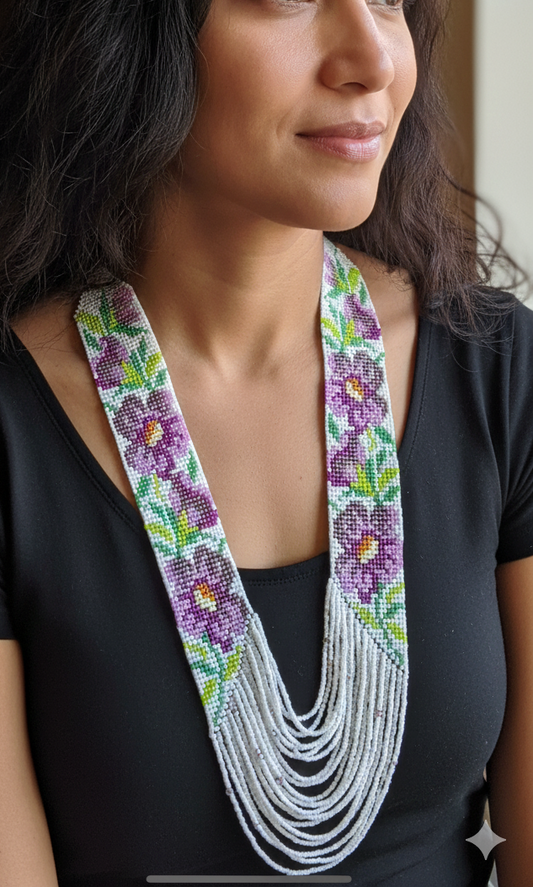 Purple Floral Beaded Necklace – Handmade Loom Necklace with Green Leaves