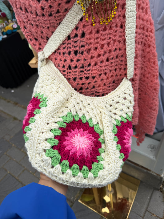 Handmade Crochet Cross Body Green with pink Flower Bag with Adjustable Strap – Stylish & Practical