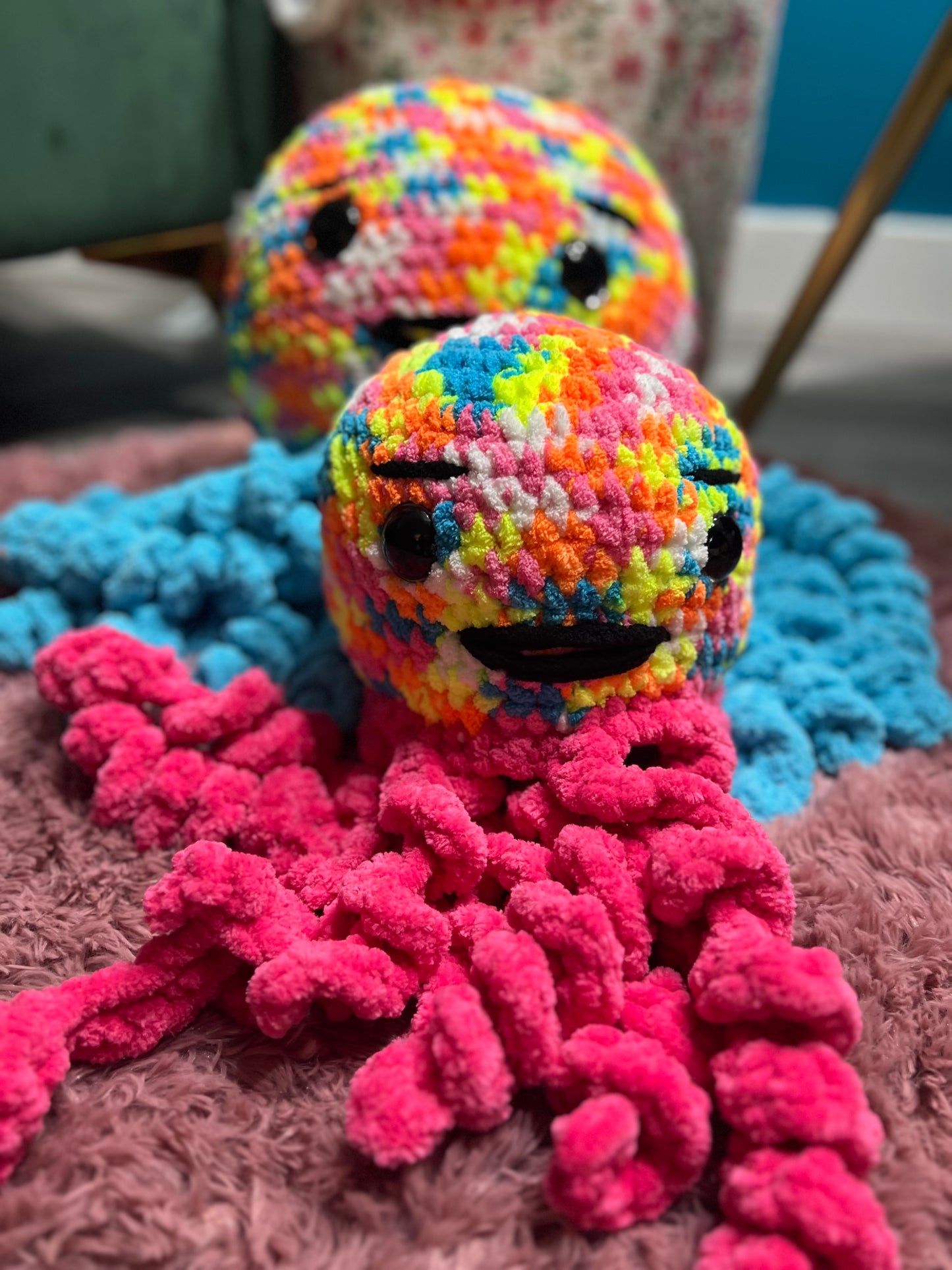Stuffed Multicolored Pink Jellyfish - Crochet Knitted Amigurumi Toy