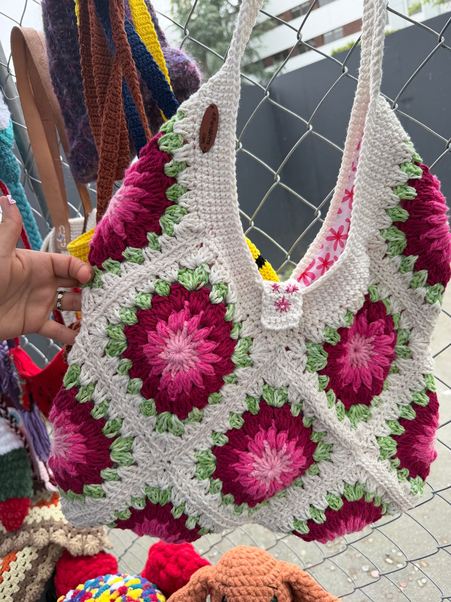 Handmade Crochet Pink Flower Big Shoulder Bag – Spacious & Stylish