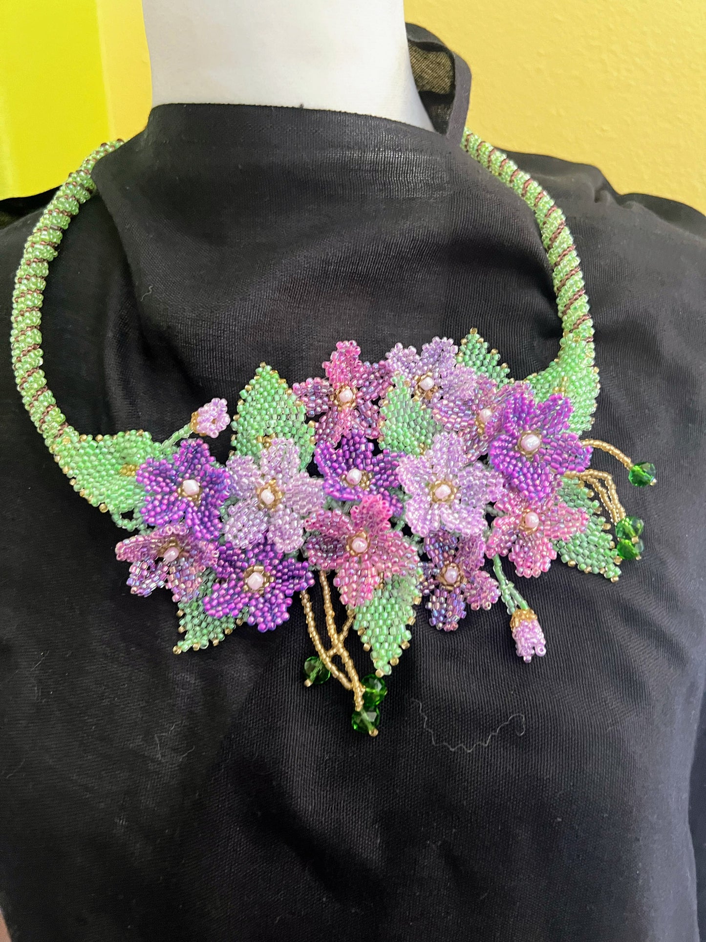 Handmade Violet Necklace with A Garden of 3D Flowers, Beaded and Loved