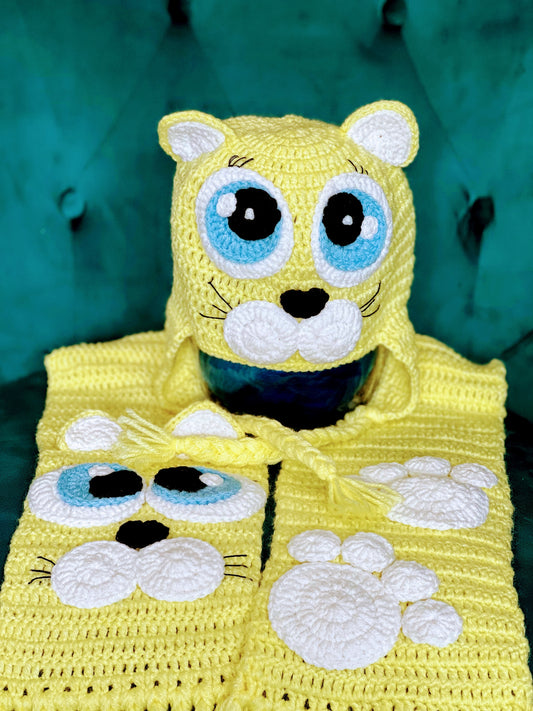 Crochet Yellow Cat Hat & Scarf Set for Kids – Handmade Cozy Winter Accessory