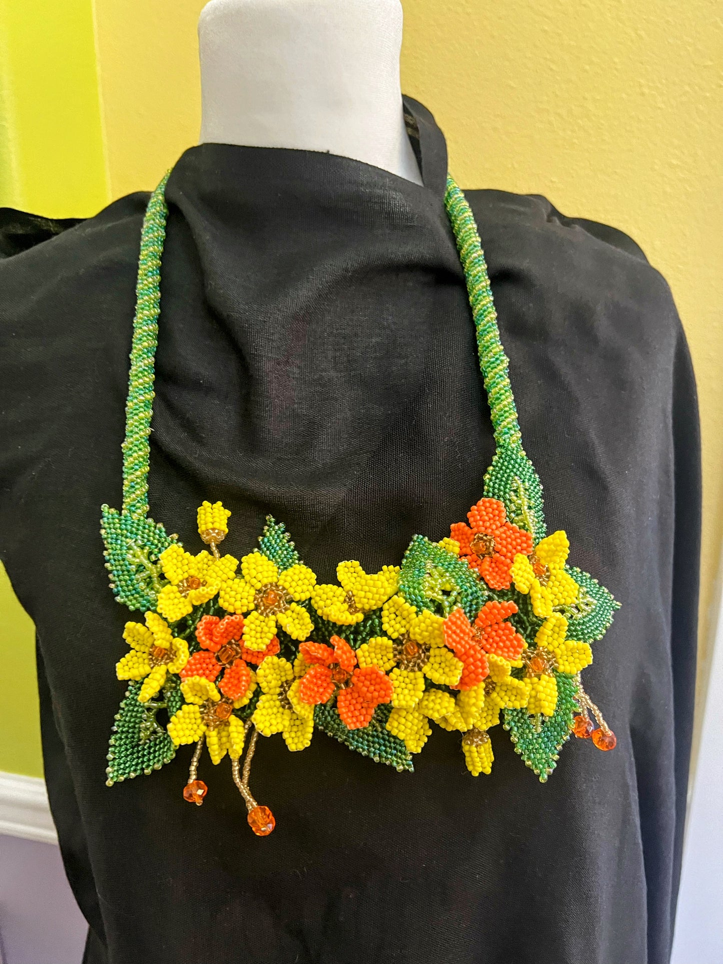 Handmade Yellow Necklace with A Garden of 3D Flowers, Beaded and Loved