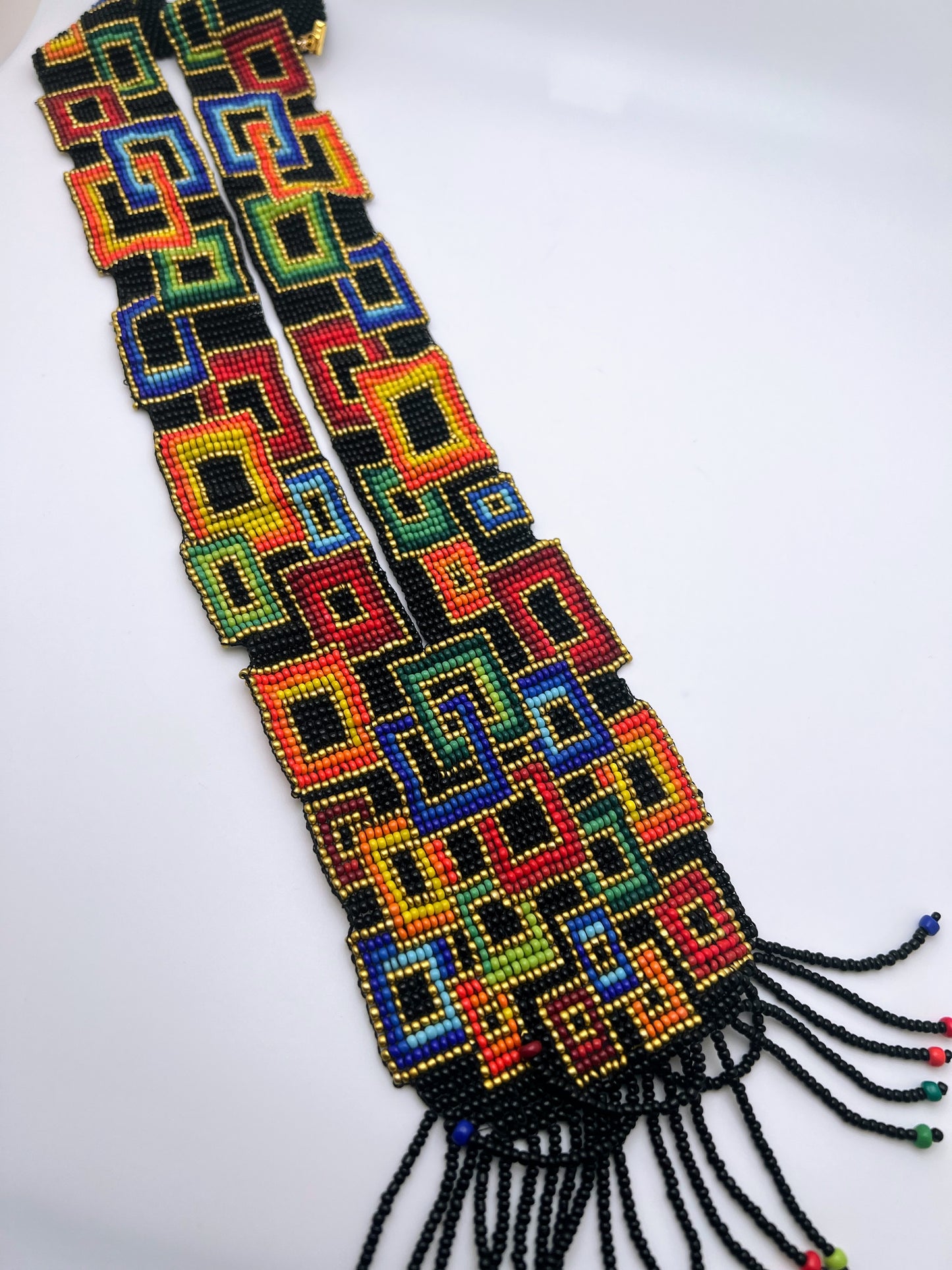 Beaded Orange, Blue and Red Squares Geometric Necklace