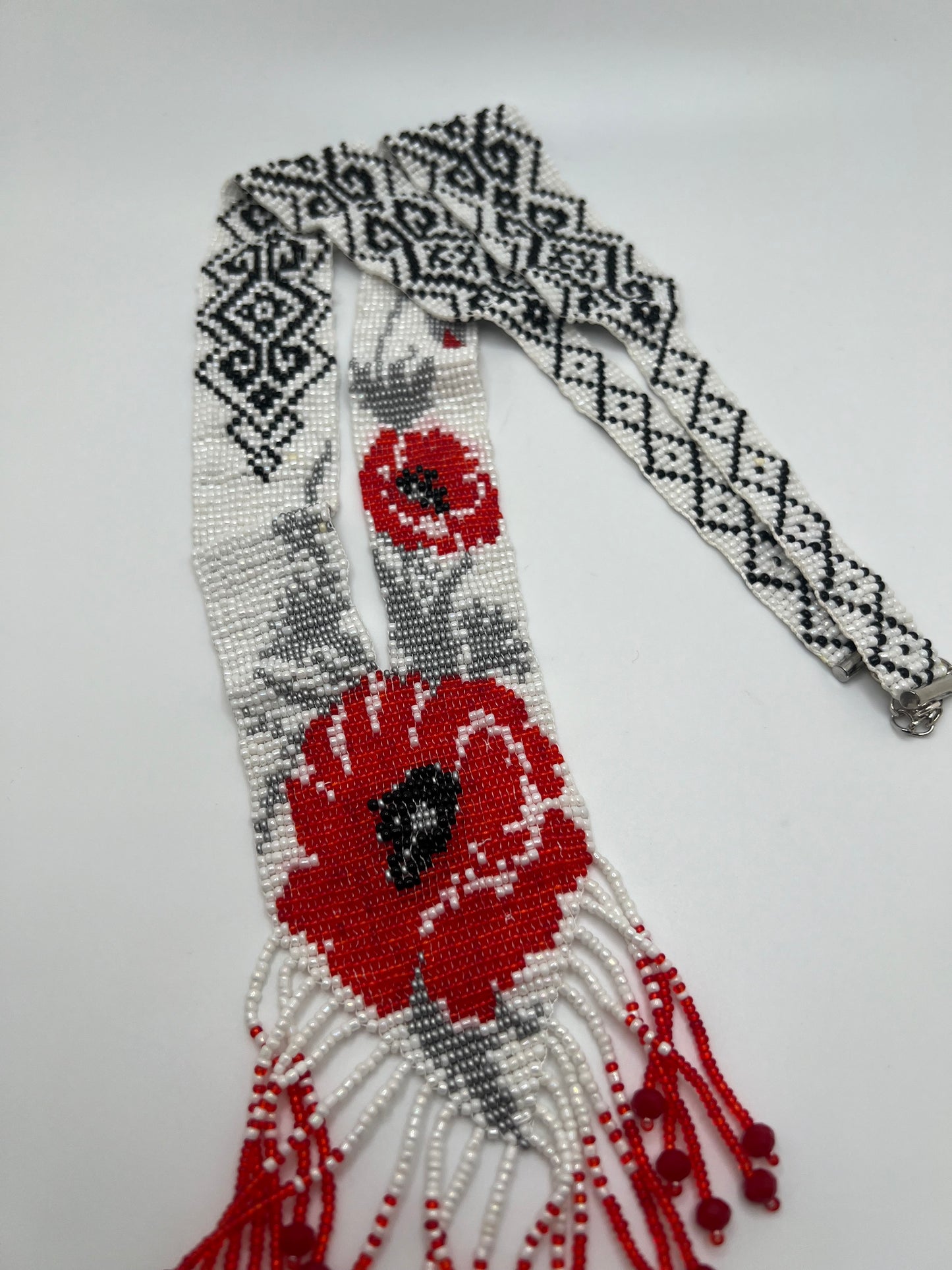 Red with Silver Floral Loom‑Beaded Necklace – Handwoven Glass Seed‑Bead Statement Piece