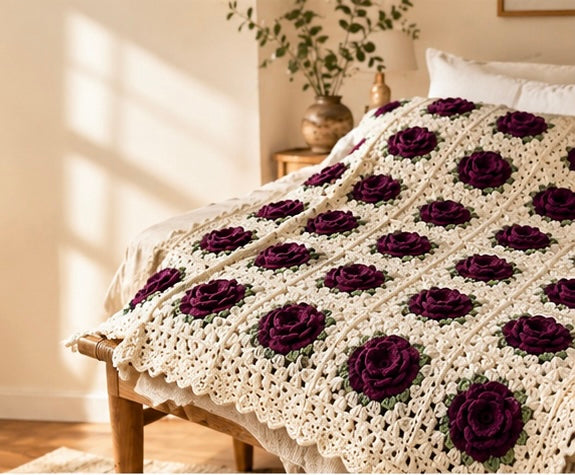 Elegant Handmade Wool 3D Purple Flower Blanket - Handmade Cozy Warm