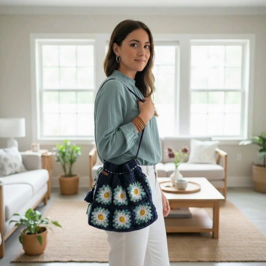 Handmade Daisy Pop Drawstring Bag – Cute & Stylish with Adjustable Strap – Stylish & Practical