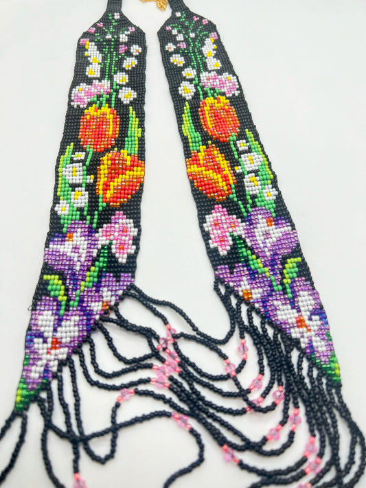 Orange Tulips Floral Loom‑Beaded Necklace – Handwoven Glass Seed‑Bead Statement Piece