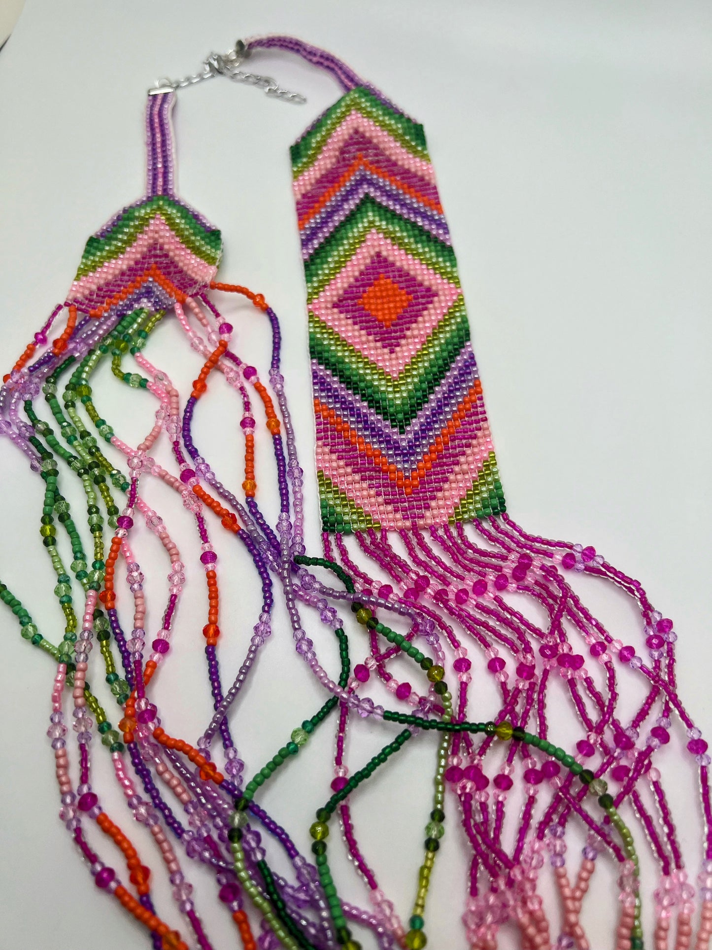 Handmade Colorful Purple, pink & Orange Geometric Loom Beaded Necklaces – Bold Artisan Jewelry