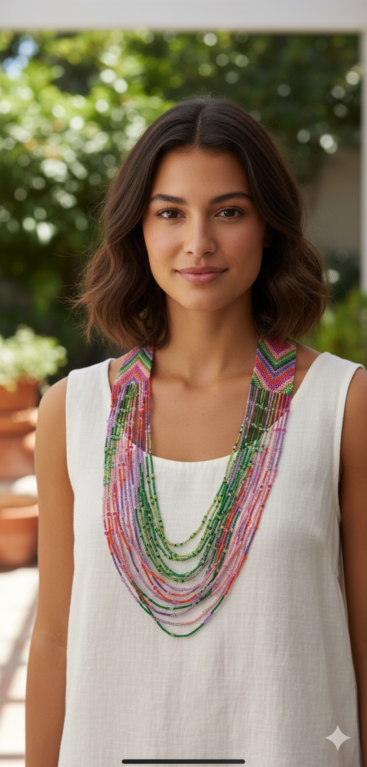 Handmade Colorful Purple, pink & Green Geometric Loom Beaded Necklaces – Bold Artisan Jewelry