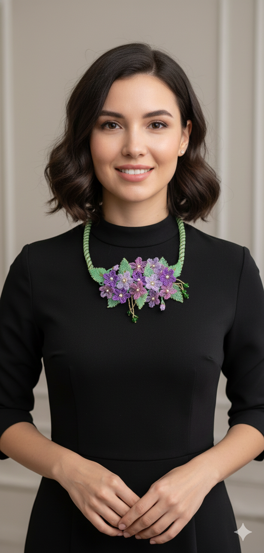 Handmade purple Beaded Necklace Featuring a Garden of 3D Flowers