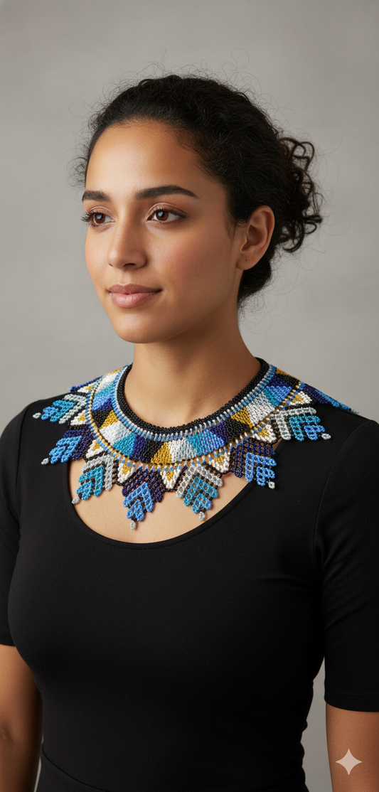 Handmade Blue Beaded Geometric Round Choker Necklace – Stylish Artisan Jewelry