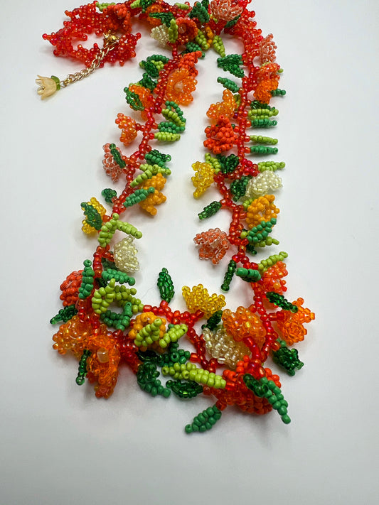Exquisite Hand-Beaded Orange Floral Garland Jewelry Set - Necklace, Bracelet & Earrings