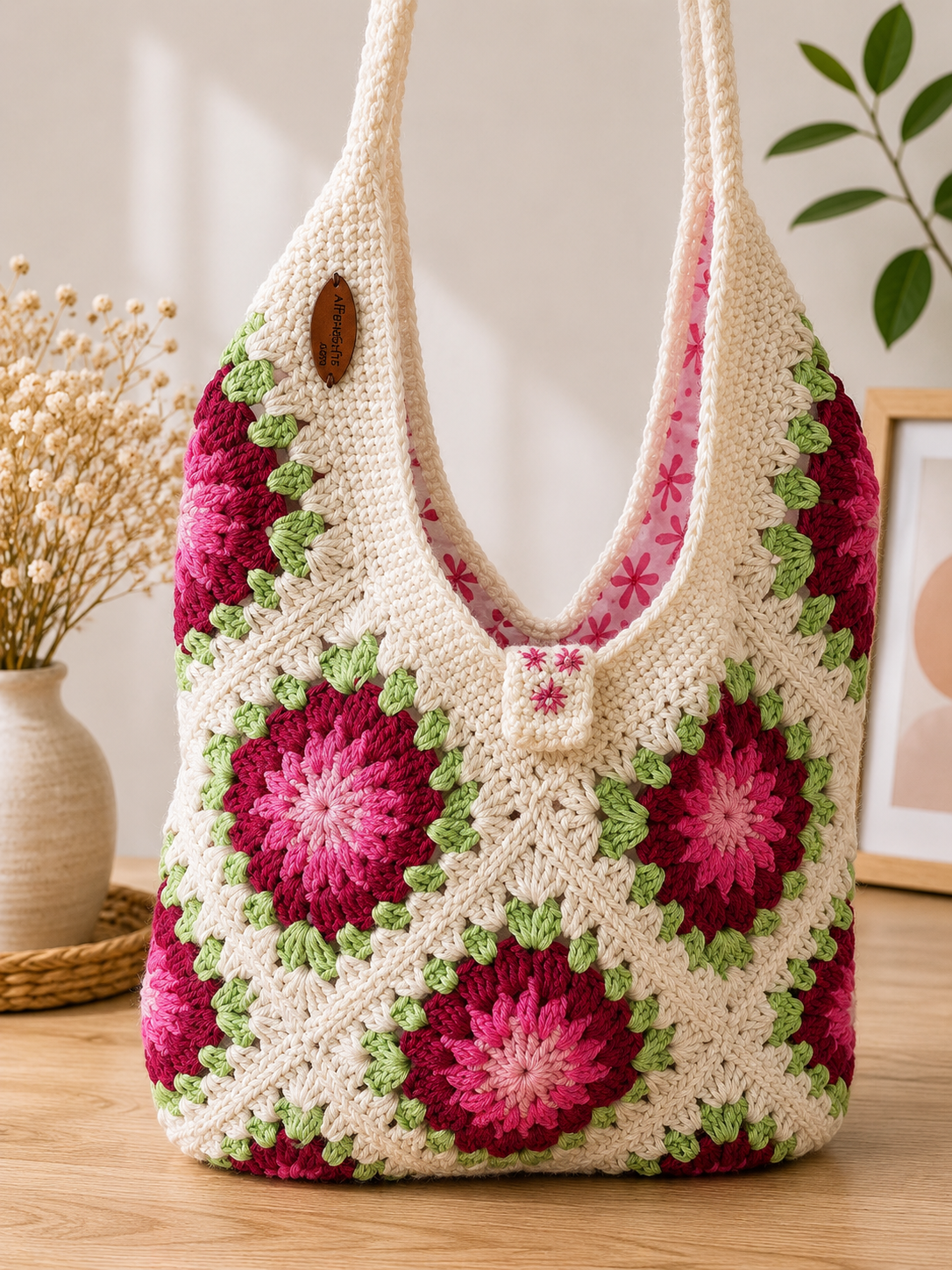 Handmade Crochet Pink Flower Big Shoulder Bag – Spacious & Stylish