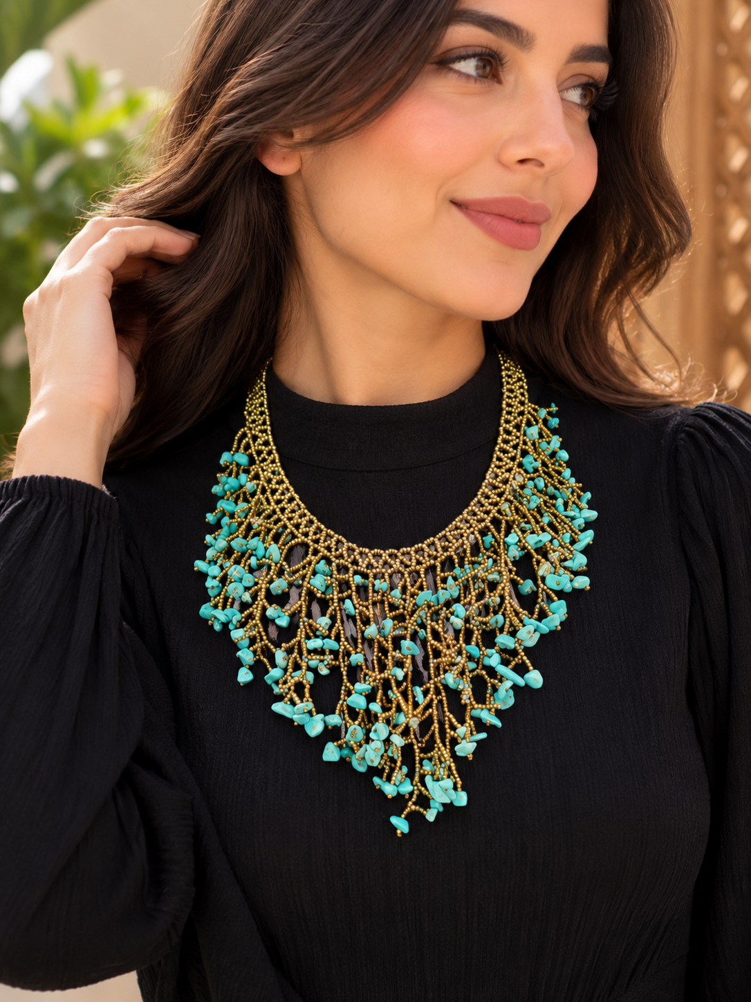 Handmade Brown Seaweed Design Dangling Blue Stone Necklaces – Nature-Inspired Jewelry