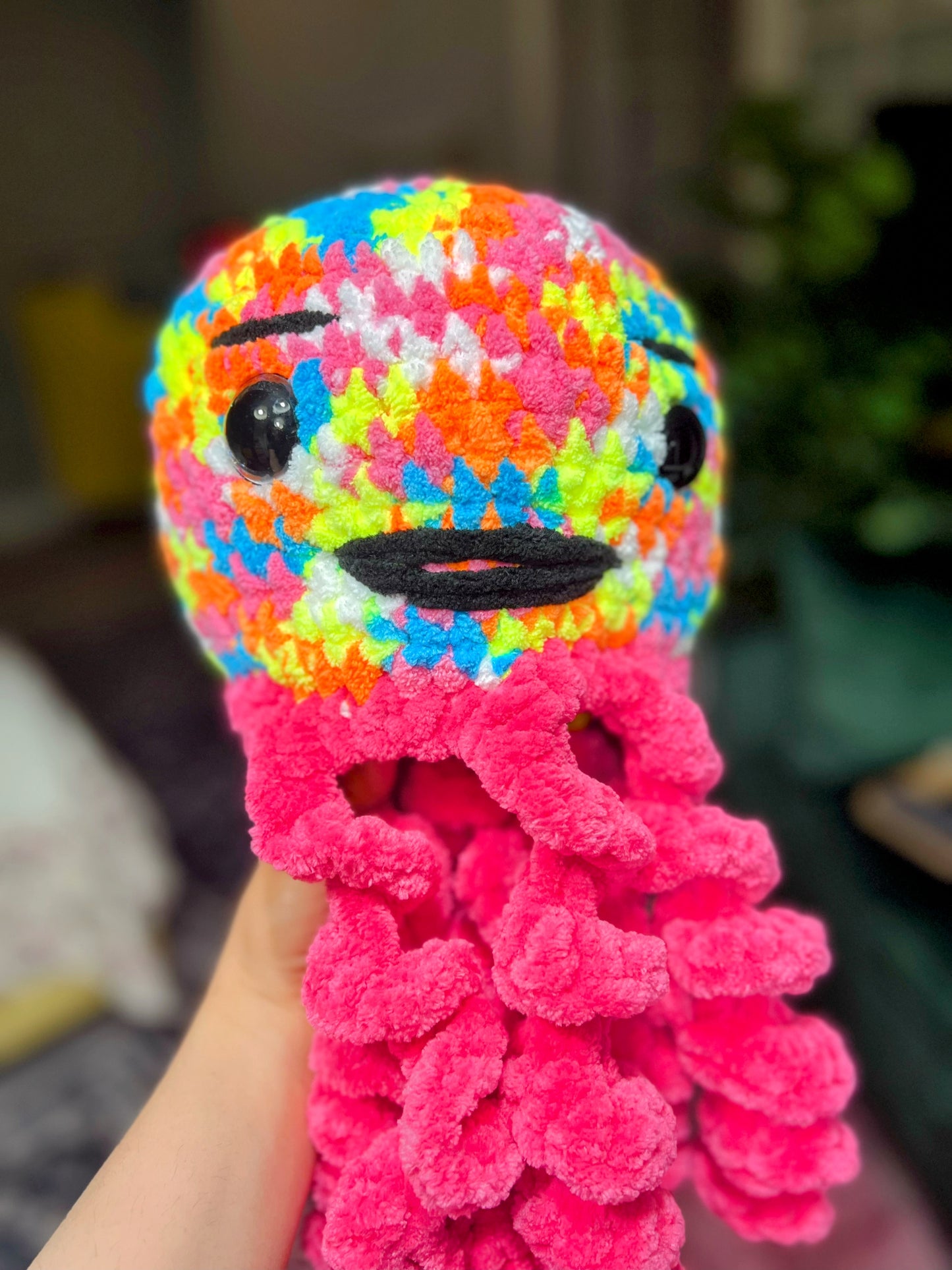 Stuffed Multicolored Pink Jellyfish - Crochet Knitted Amigurumi Toy
