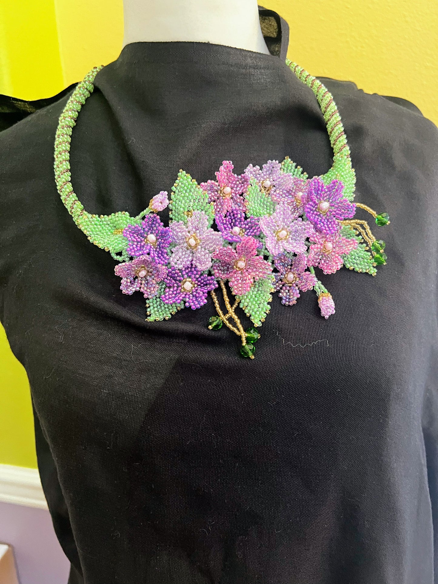 Handmade Violet Necklace with A Garden of 3D Flowers, Beaded and Loved