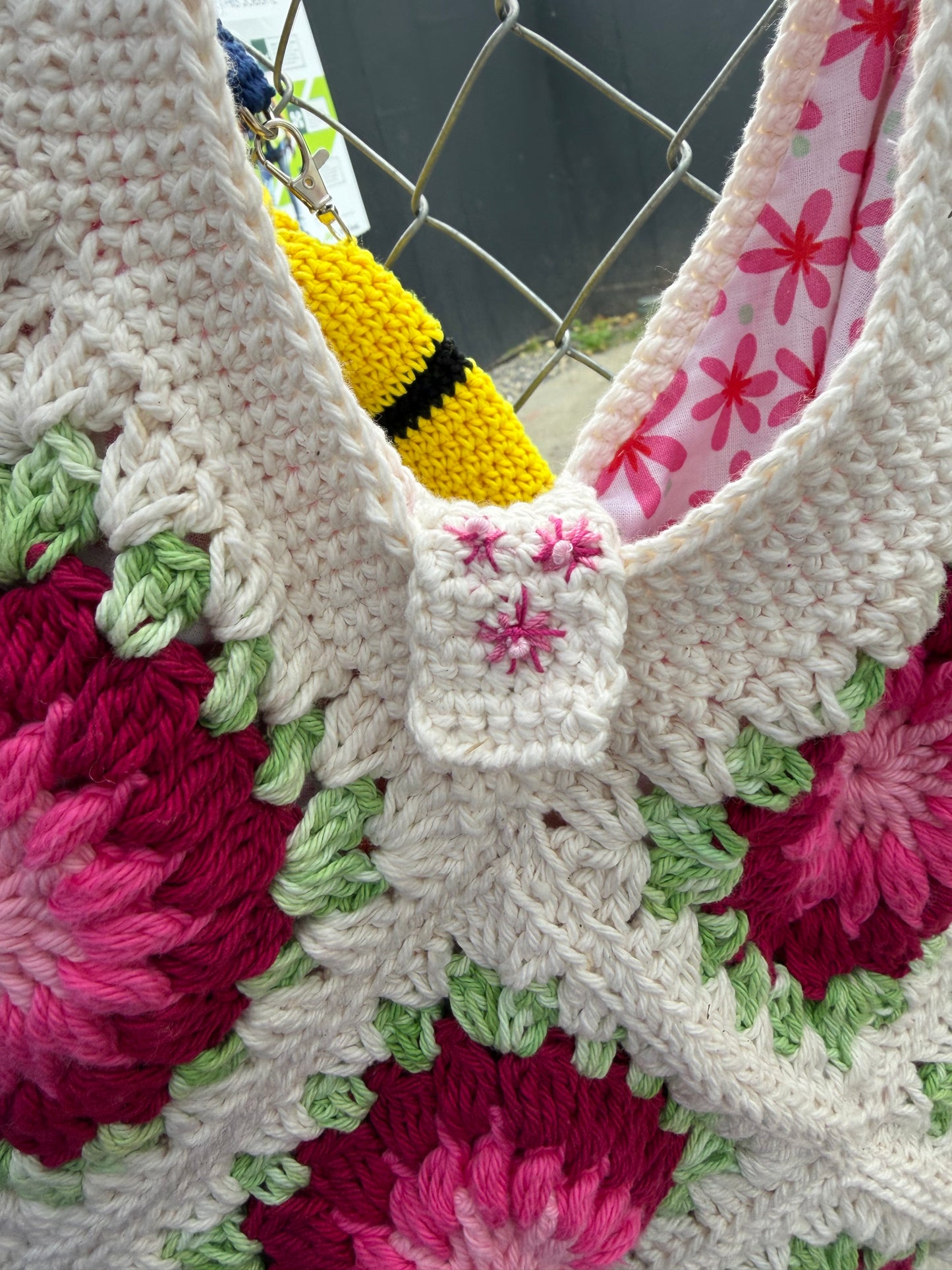 Handmade Crochet Pink Flower Big Shoulder Bag – Spacious & Stylish