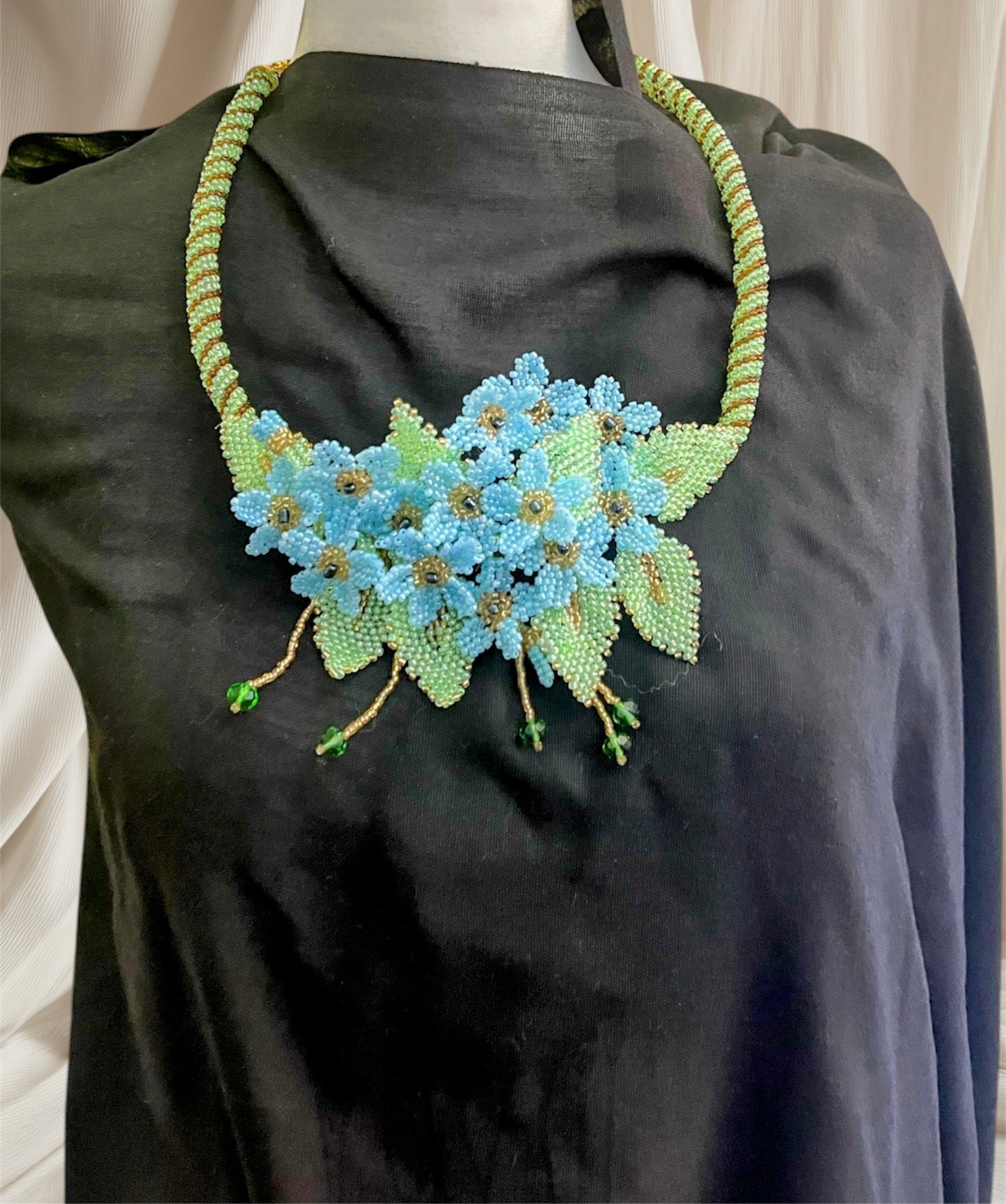 Handmade Blue Necklace with A Garden of 3D Flowers, Beaded and Loved